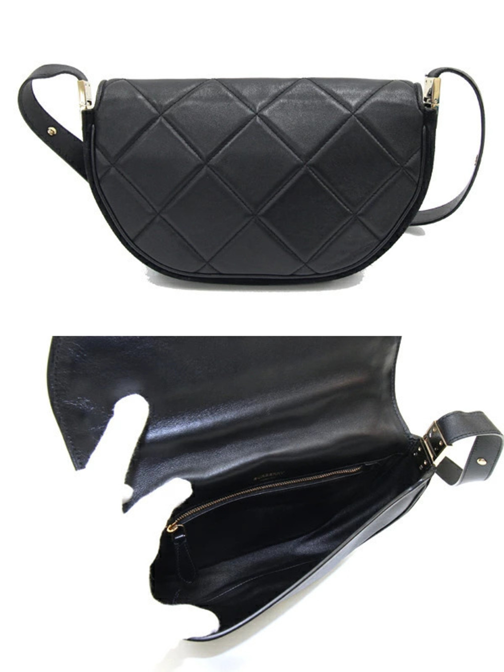 Burberry Crossbody Shoulder Olympia Pouch Leather Black Bag Quilted Suede